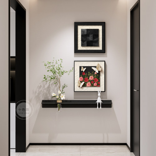 现代简约玄关装饰画极简黑白灰入户正对门壁画水培绿植客厅组合画