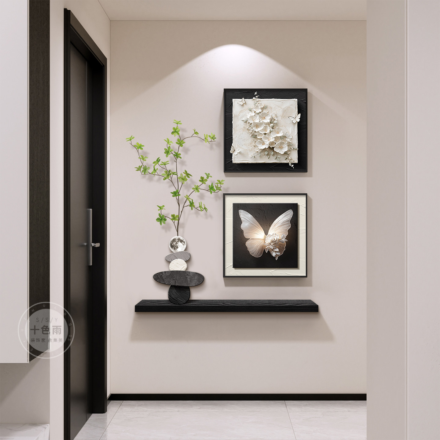 F现代简约入户玄关装饰画蝴蝶花卉客厅挂画黑白高级感过道走廊壁