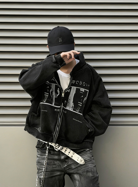 韩风 高街vintage休闲水洗破坏做旧拉链连帽卫衣cleanfit外套男女