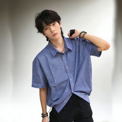 ATA 春夏百搭皇家蓝格纹抽绳短袖衬衫男女上衣miu系boxy短宽版型