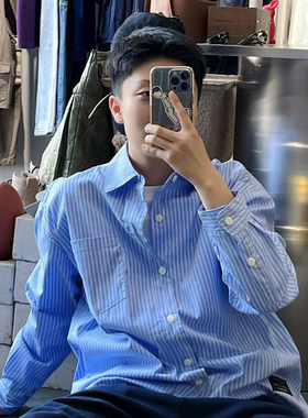 现货】2026春秋新款美式cleanfit条纹长袖宽松衬衣男女学院休闲风