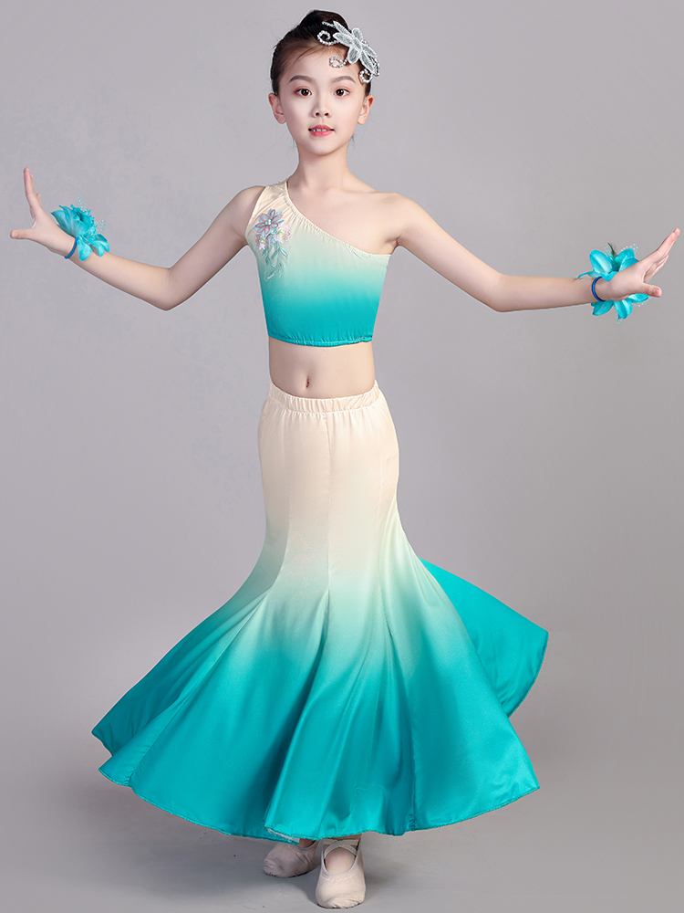 儿童傣族舞蹈服女包臀修身鱼尾裙民族舞少儿艺考练功半身裙傣族服