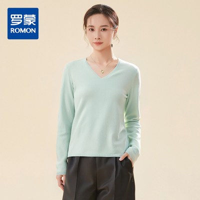 罗蒙秋冬女士V领羊毛衫套头百搭打底针织女宽松舒适毛衣内搭上衣