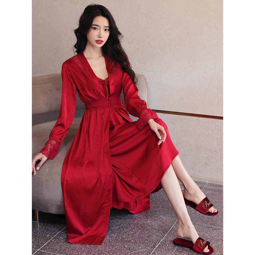 维多利亚红色睡衣女结婚新娘伴娘高级感晨袍婚礼冰丝两件套春秋款