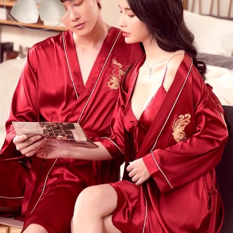 维多利亚情侣睡衣女睡裙浴袍冰丝绸结婚红色性感睡袍女家居服套装