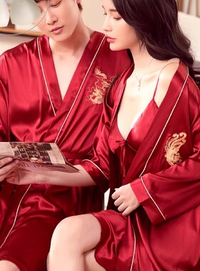 维多利亚情侣睡衣女睡裙浴袍冰丝绸结婚红色性感睡袍女家居服套装