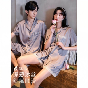 家居服夏季 一男一女高级感男士 薄 短裤 维多利亚冰丝情侣睡衣女短袖
