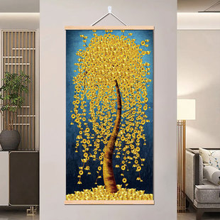 发财树玄关装饰画现代简约入户走廊过道客厅招财挂画免打孔卷轴画