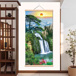 竖版玄关招财纳福山水挂画高山流水生财风景客厅免打孔布艺墙壁画