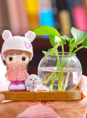 蕊杰创意木纹底水培家居摆件创意可爱娃娃水培绿萝花瓶办公桌饰品