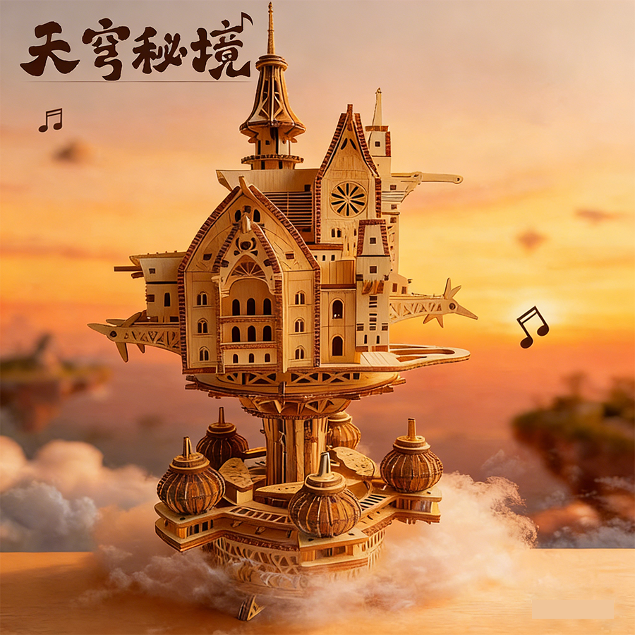 天穹秘境木质拼图八音盒3D立体手工DIY积木拼装模型送女友生日礼