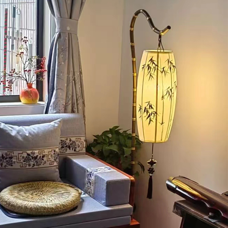 新中式落地灯禅意茶室立式复古民宿铁艺书房卧室台灯竹节路引灯笼