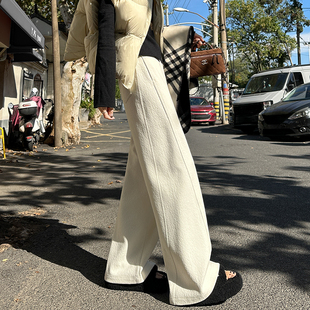 高腰休闲软糯垂感直筒裤 白色桑蚕丝羊毛加绒阔腿裤 女2025秋冬新款