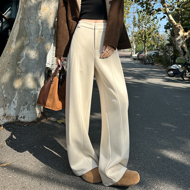 米白色醋酸羊毛呢阔腿裤女冬季新款高腰直筒西装裤加绒糯米弯刀裤,女装/女士精品,休闲裤,淘宝优惠券,粉丝福利购,淘宝优惠卷