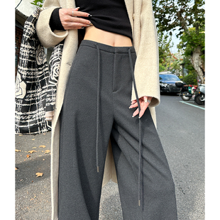加绒羊绒直筒长裤 高腰拖地糯米裤 子 女秋冬新款 灰色醋酸羊毛阔腿裤