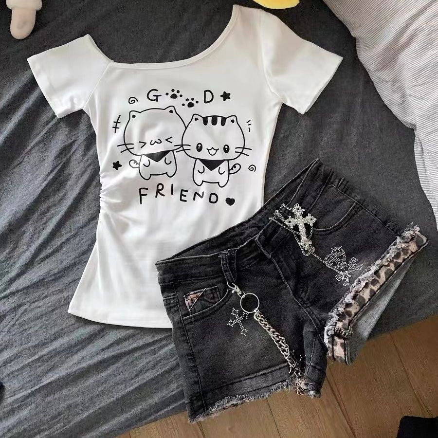 亚文化可爱甜酷印花上衣日系y2k新款露肩撞色短袖t恤宅妹家居穿搭