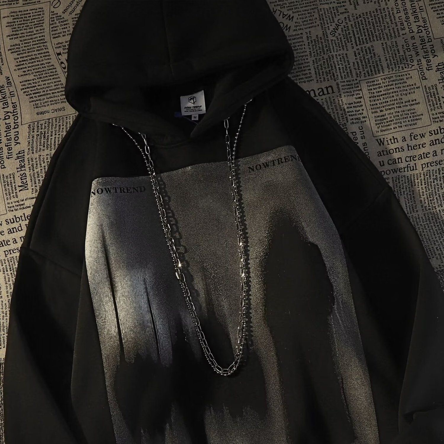 美式高街hiphop潮牌连帽链条ins宽松街头风加绒加厚女款欧美上衣