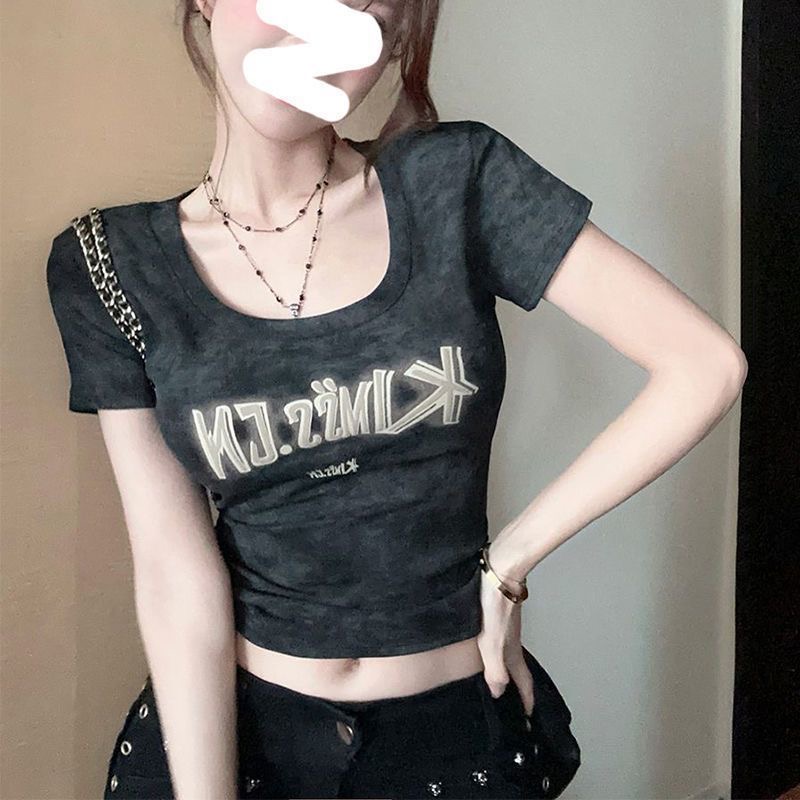正肩短袖t恤女夏季新款修身显瘦字母印花美式短款紧身u领上衣