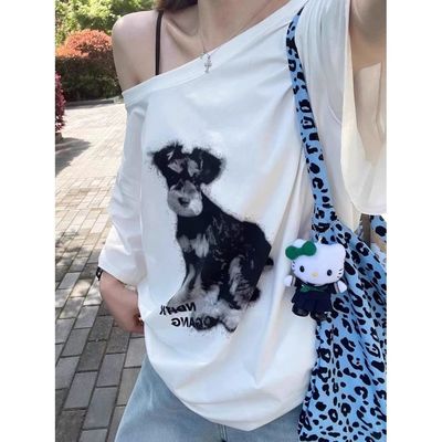 美式辣妹韩系斜肩短袖t恤女夏季2025新款宽松休闲慵懒风露肩上衣