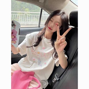 夏天短袖蝴蝶印花跑步T恤女宽松可爱甜美ins风新款学生洋气上衣