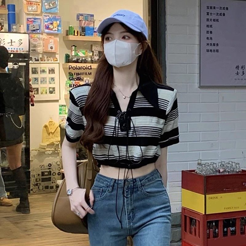 大码胖妹妹条纹正肩短袖t恤女春夏季新款绑带上衣修身显瘦polo衫