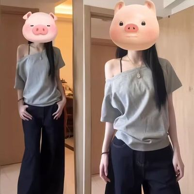 一字领斜肩短袖t恤女夏季2025新款爆款宽松慵懒风学院穿搭潮ins
