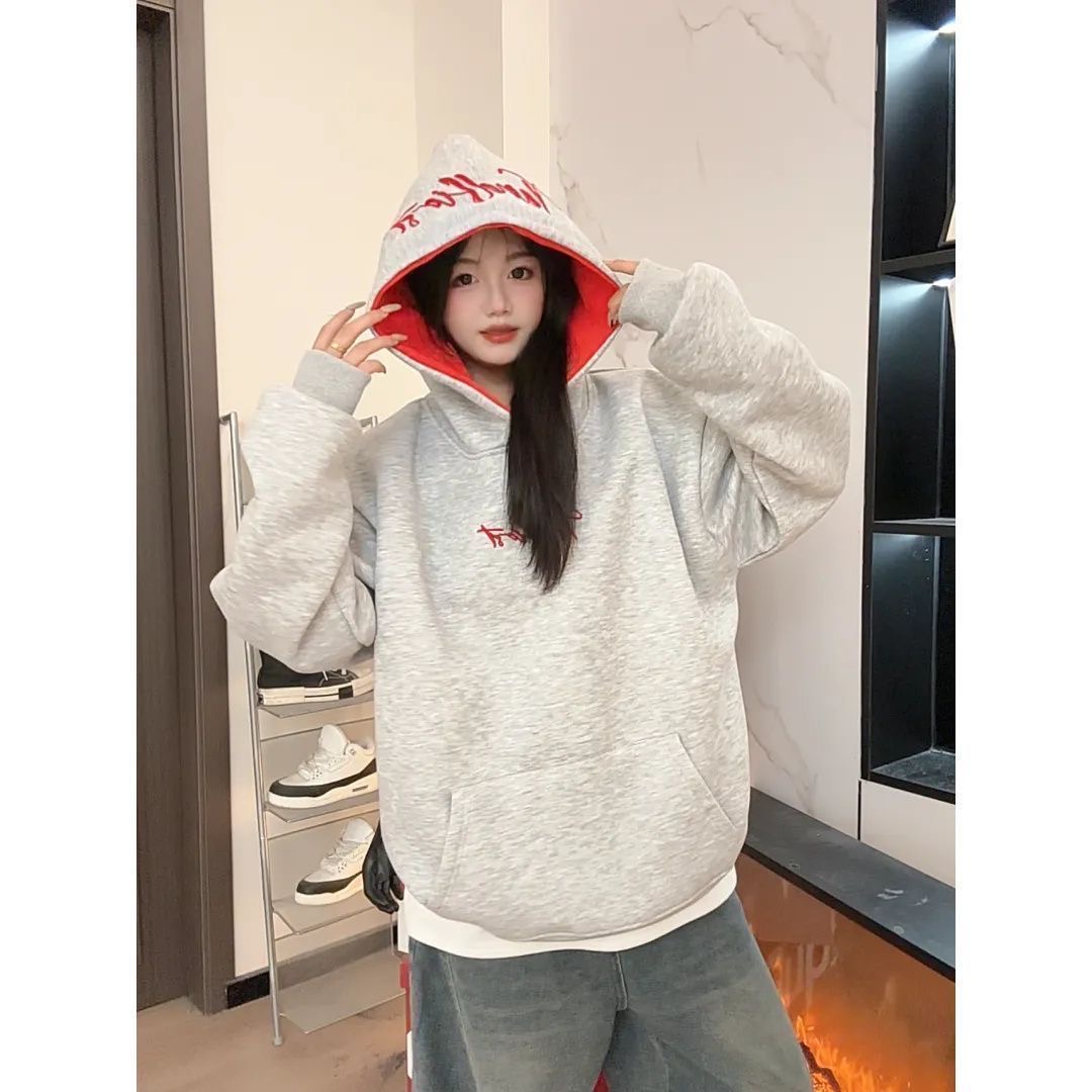 美式复古情侣连帽卫衣休闲情侣oversize宽松款女秋冬加厚百搭上衣