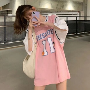 假两件篮球服t恤女2026新款球衣短袖学生韩版宽松中长款半袖ins潮