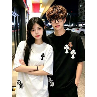 美式复古十字架贴皮印花T恤短袖夏季街头新款宽松情侣百搭上衣