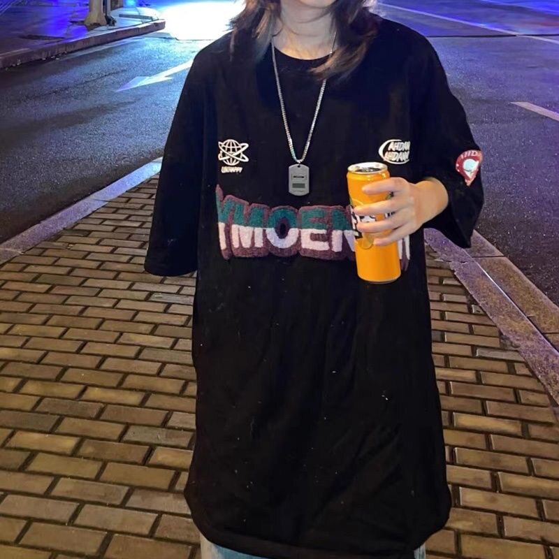 设计感小众黑色短袖t恤女夏季宽松ins潮oversize慵懒bf风半袖上衣