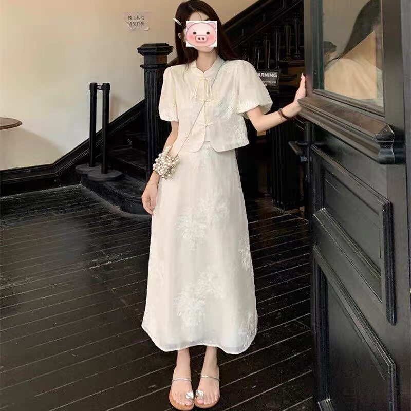 新中式国风清冷感改良旗袍上衣短袖半身裙连衣裙子两件套装女夏季