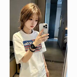 新款潮流复古美式短袖圆领t恤女印花爆款百搭情侣上衣潮女款