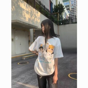 美式复古天使星星印花短袖T恤女新款夏季宽松情侣休闲风半袖上衣