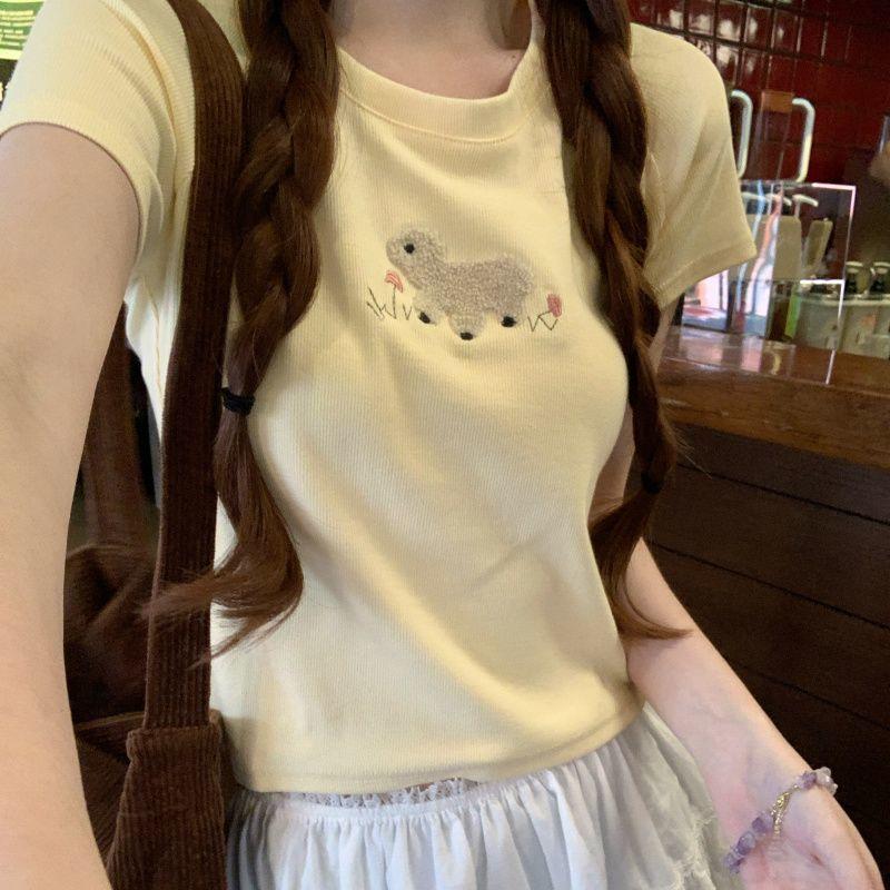 韩版夏季新款女装正肩修身甜辣上衣设计感小众短款短袖黄色T恤