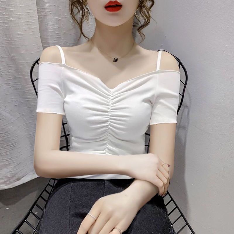 夏季新款锁骨女款露肩褶皱短袖修身一字领修身露脐性感T恤短上衣
