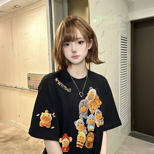 国潮卡通水豚噜噜印花短袖t恤女夏季overseas宽松情侣百搭上衣女