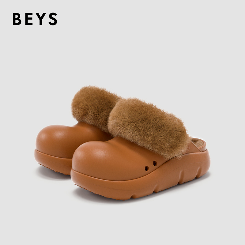 BEYS小丑鞋加绒2025新款冬棉拖鞋厚底毛毛拖美拉德棕色厨师勃肯鞋