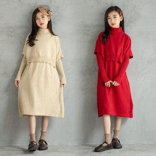 秋冬女童连衣裙套装 中大儿童时髦洋气针织毛衣裙子披肩背心两件套