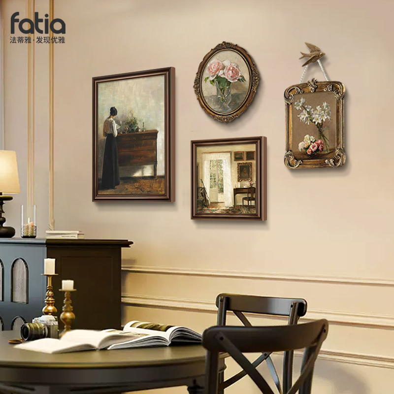 美式餐厅组合装饰画饭厅背景墙挂画高档大气欧式客厅壁画复古油画图片