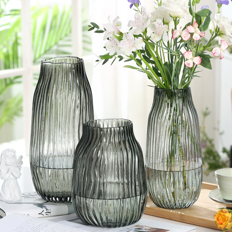 花瓶摆件客厅插花瓶北欧创意简约水波纹大号玻璃花瓶植物干鲜花瓶