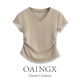 T恤女夏季 OAINGX 显瘦不规则上衣 修身 24春夏抽褶设计感V领短袖