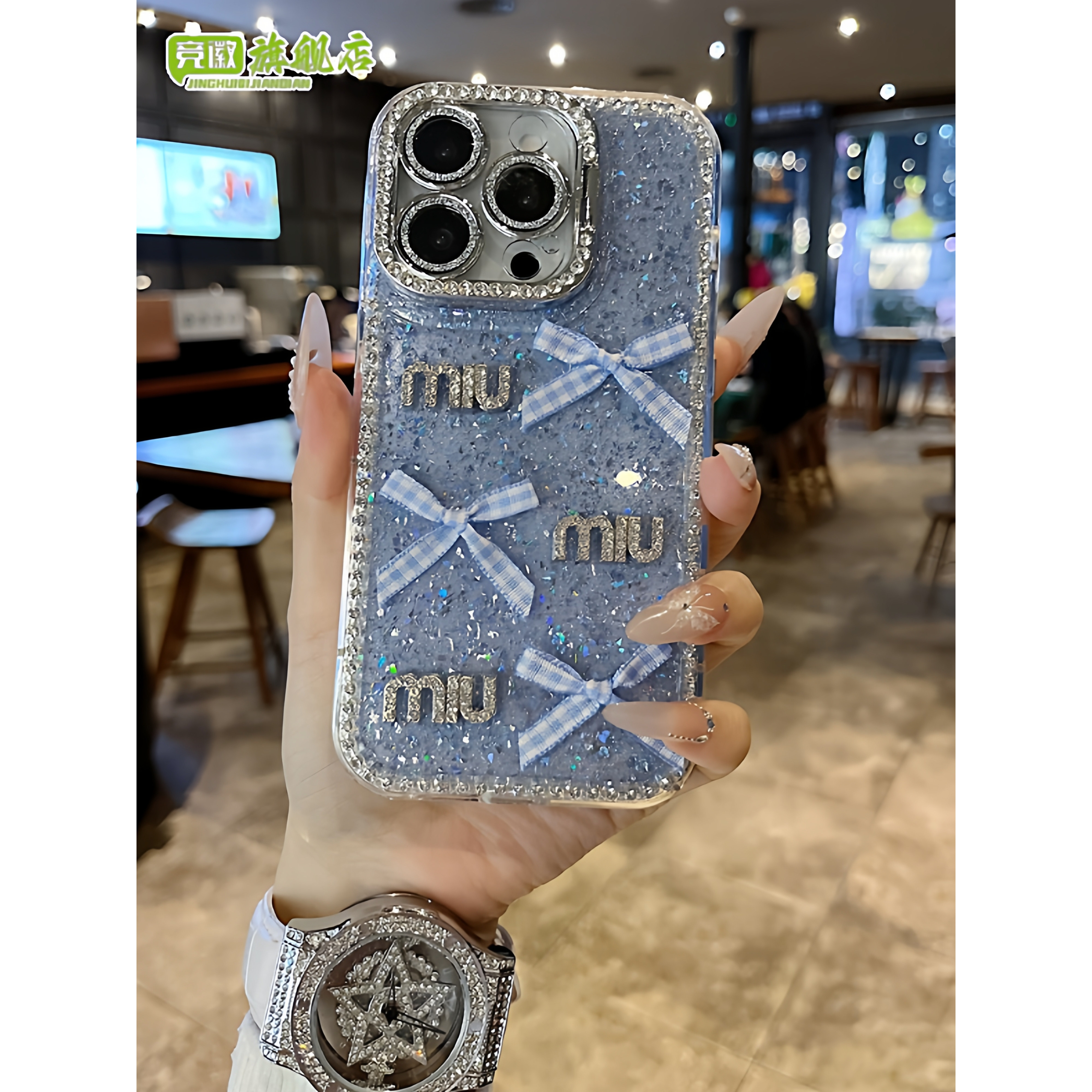 适用苹果系列iPhone16新款手机壳15pro14promax高级ins蓝色蝴蝶结miu 16promax全包镜头膜钻框支架网红保护套