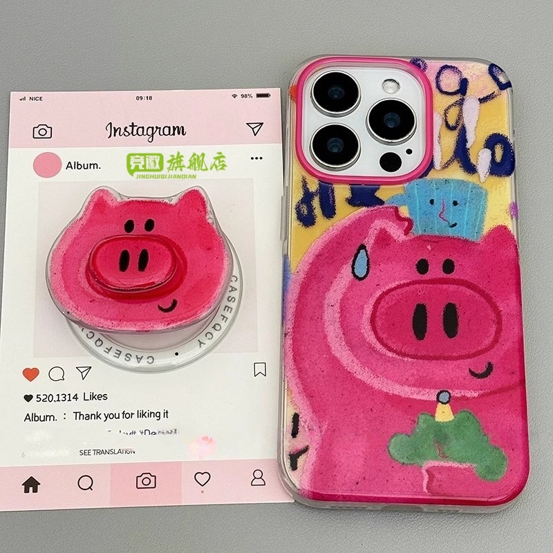 玫红小猪鼻子旋转磁吸支架适用苹果16PRO/15PROMAX手机壳14PRO/13/12mini大孔XR创意16PLUS卡通14软XSmax/876