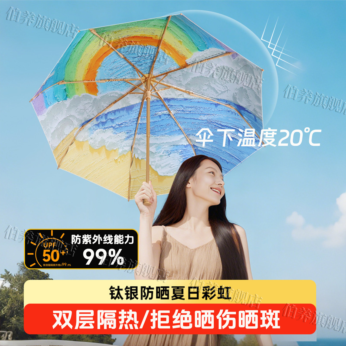 双层钛银防晒伞手开油墨画三折防晒遮阳遮阳伞个性实木晴雨两用伞