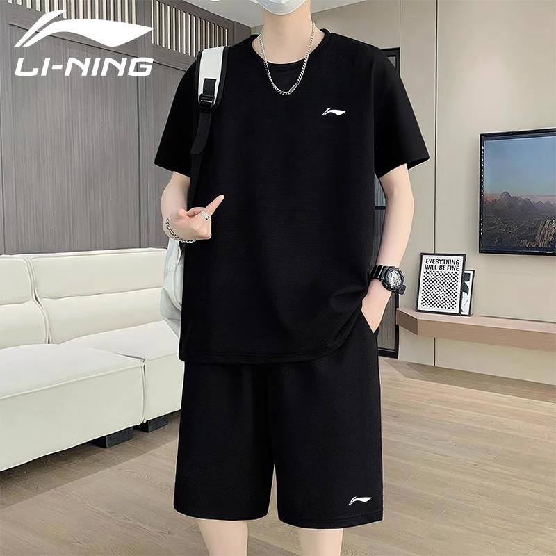 李宁运动套装男夏季薄款透气速干帅气冰丝短袖T恤短裤休闲运动服