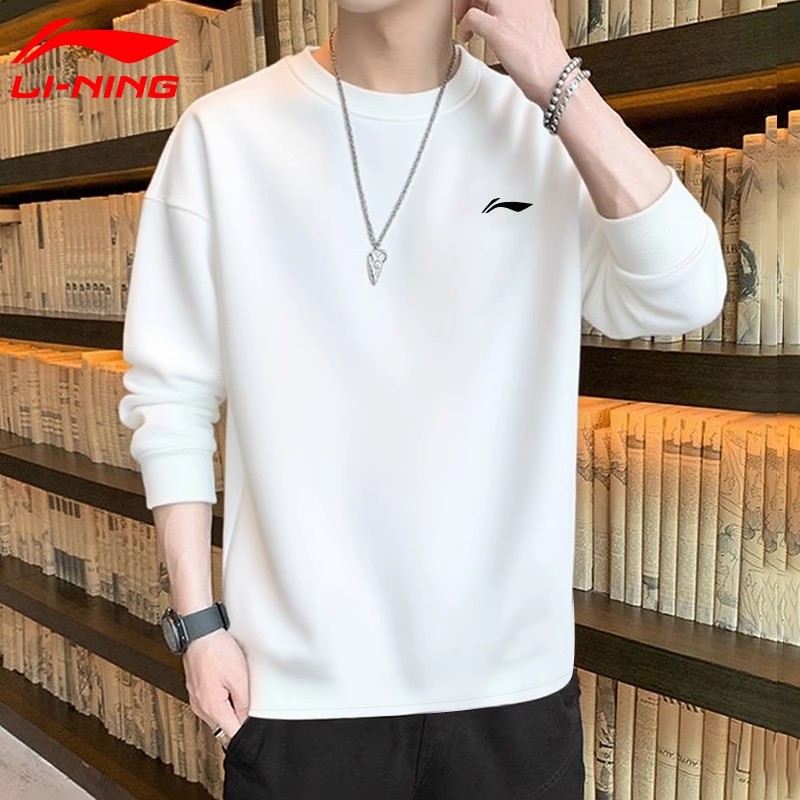 李宁白色卫衣男春秋季新款圆领套头无帽衫休闲潮流青少年运动外套