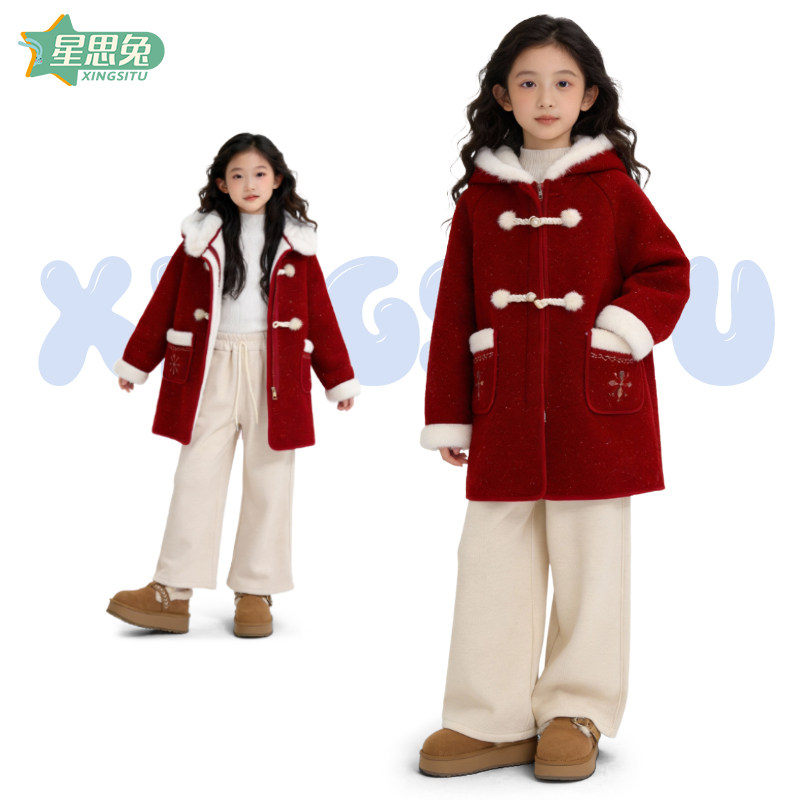 冬季女童新年穿搭套装红色毛领加厚毛呢外套白阔腿裤拜年服二件套