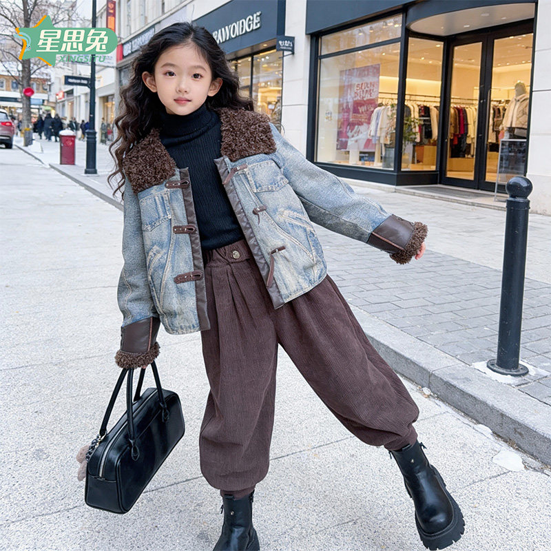 女童冬装三件套复古加绒牛仔外套灯芯绒阔腿裤高领打底衫保暖套装