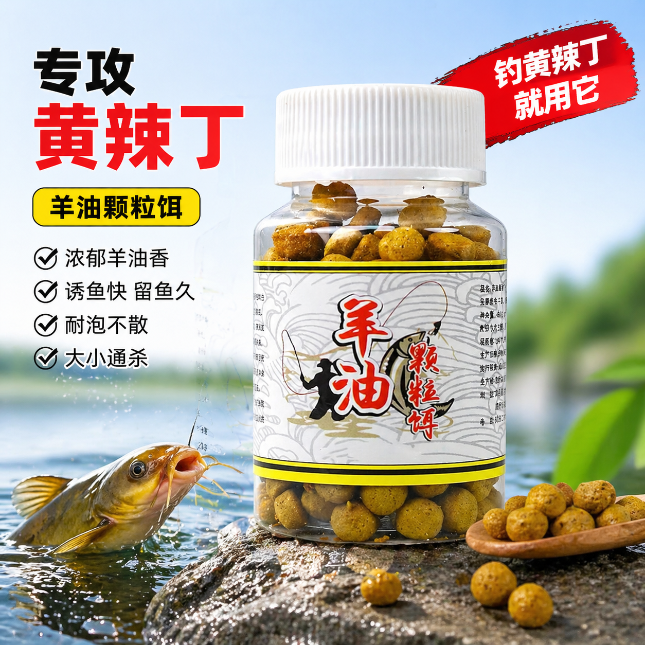 黄辣丁专用羊油颗粒饵料户外垂钓免打窝黄骨鱼昂公昂刺黄颡鱼饵料