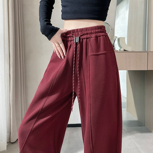 子 抽绳松紧高腰宽松显瘦运动阔腿裤 安可拉红休闲弯刀裤 女春秋新款